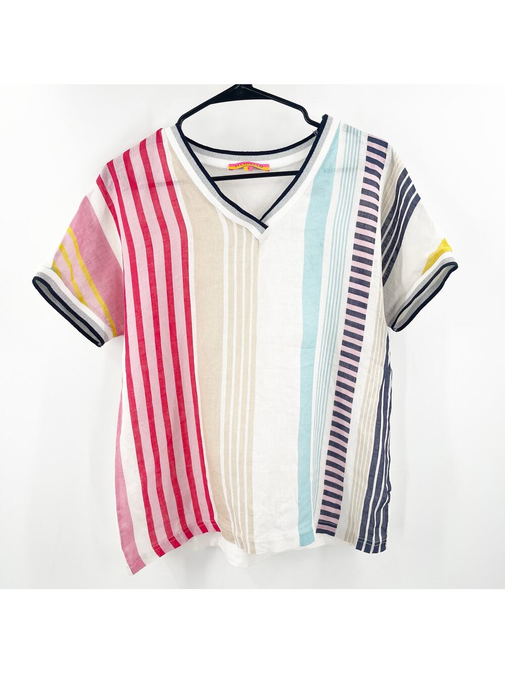 VILAGALLO Top Size Small Stripes Linen Blend Short Sleeve Multi Color V-Neck